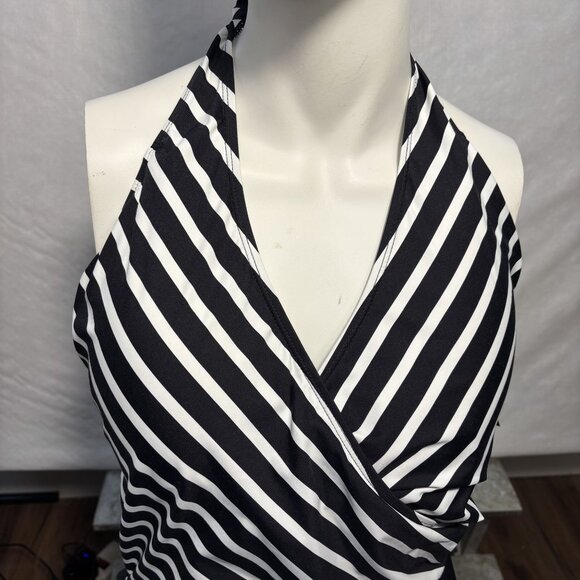 Black & White Halter Striped One-Piece Swimsuit With Wrap Front Design Back Tie - Picture 4 of 8